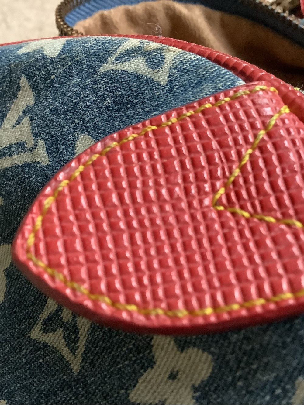 Denim and white, handbag. Red trim.  Signs of use. - Picture 15 of 16